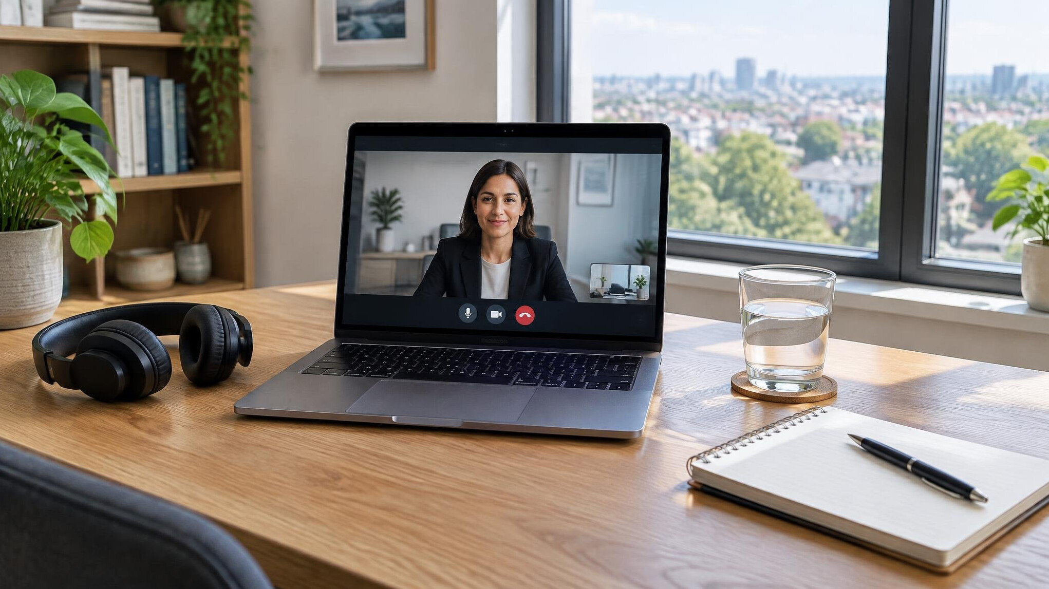 Home office desk with a laptop ready for a remote video interview