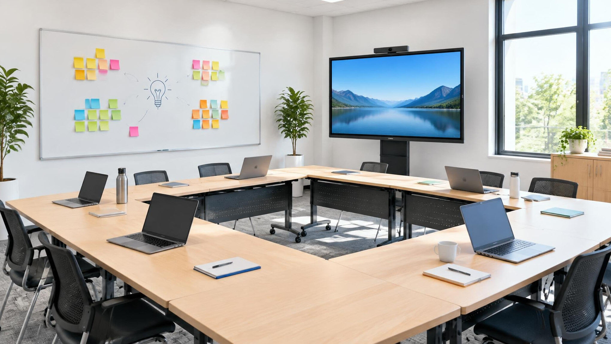 Workshop room with whiteboard and screen prepared for a video training