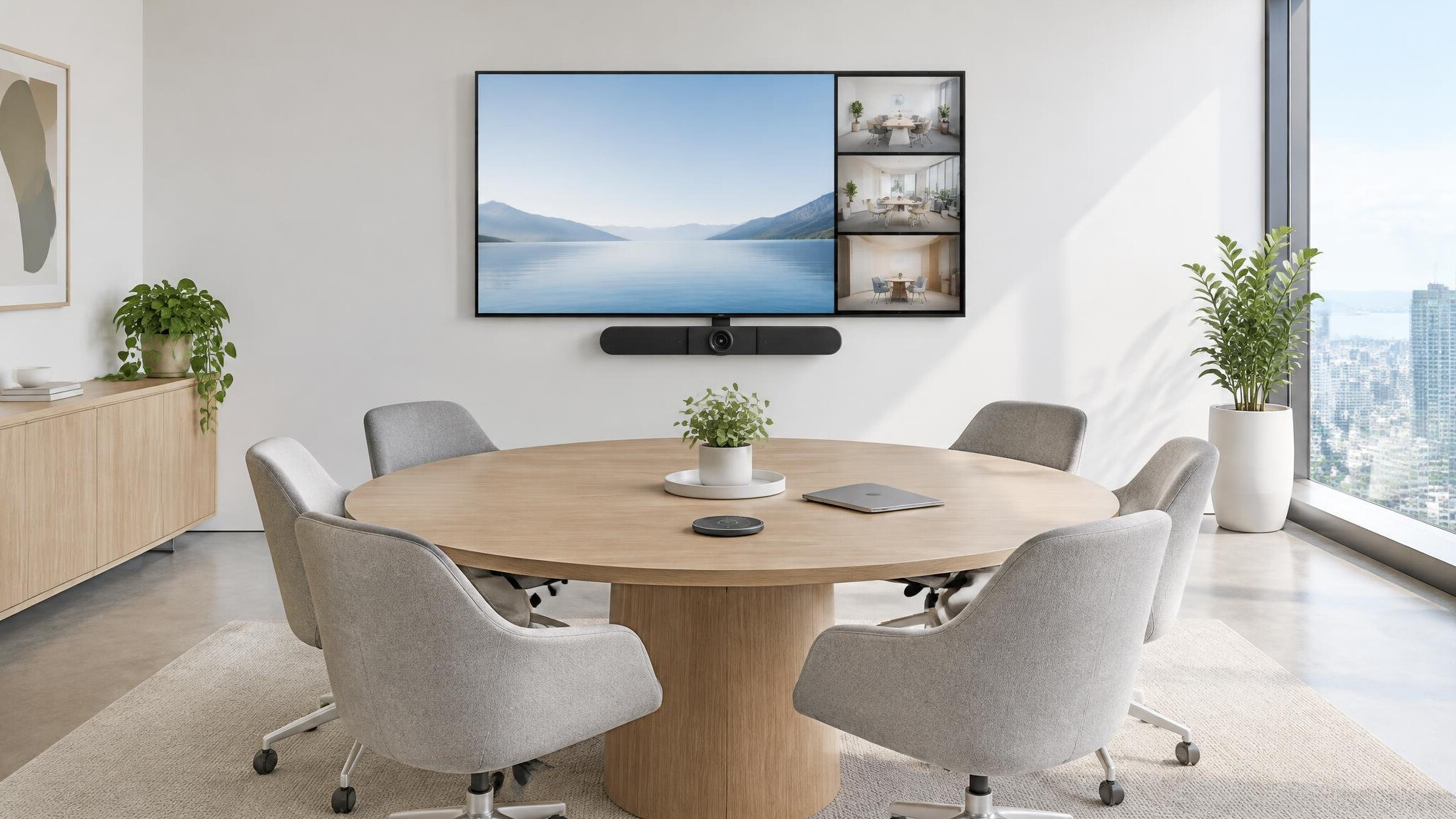 Hybrid meeting room with a camera bar under a wall screen