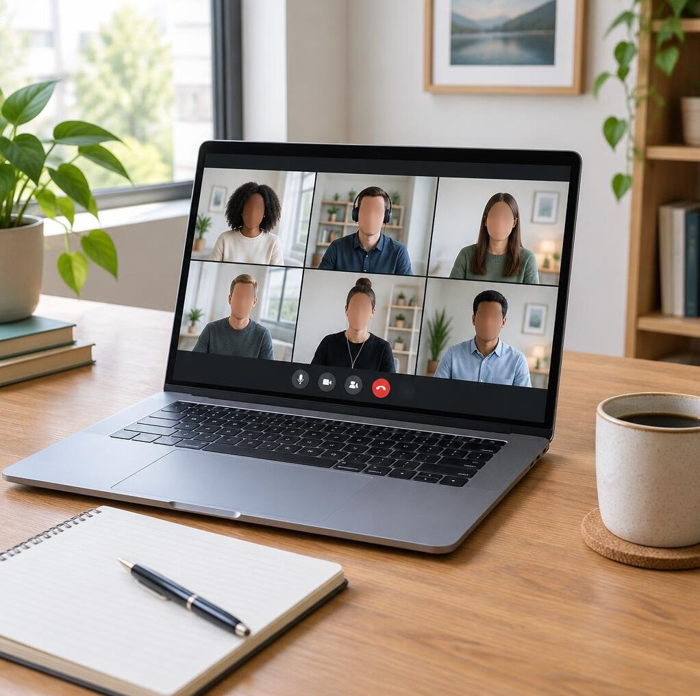 Laptop on a desk showing a video call with several participants