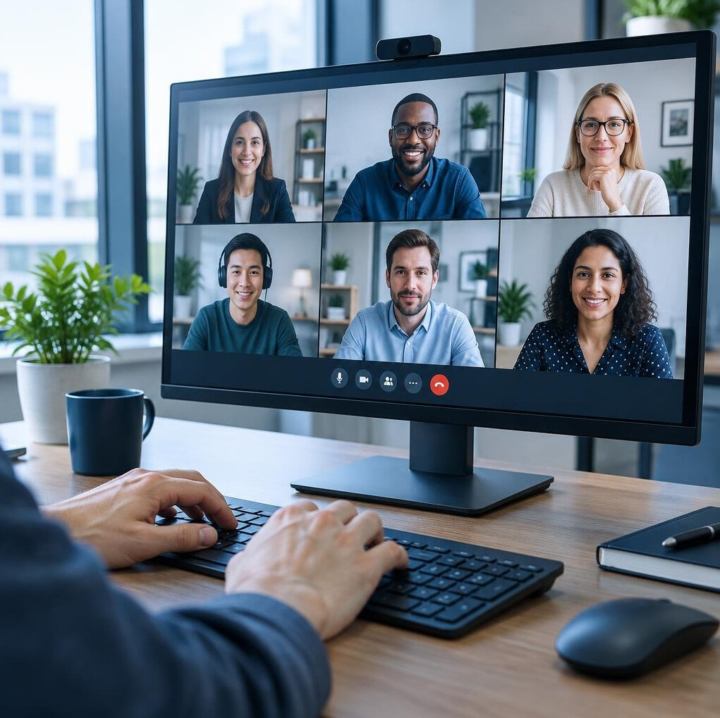 Hands typing on a keyboard in front of a monitor with an online team meeting