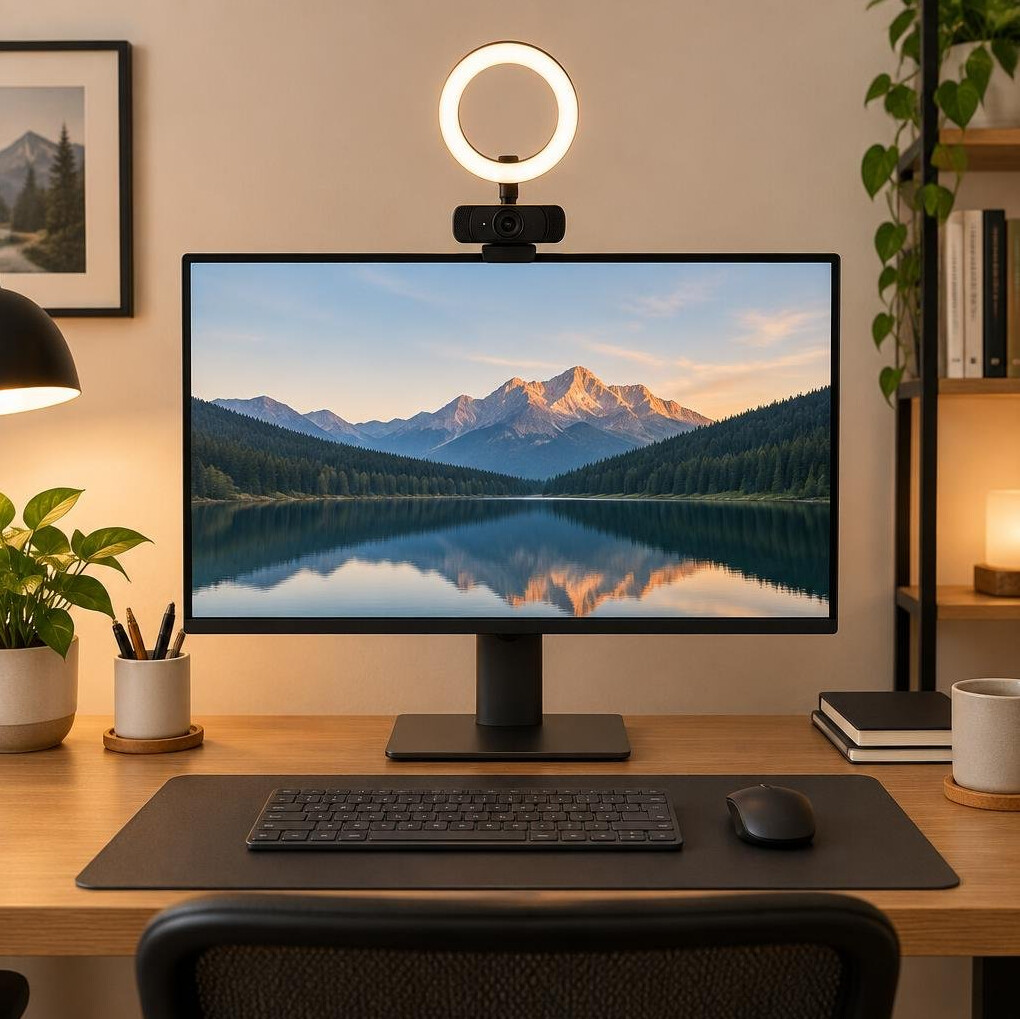 Ring light and webcam setup on a monitor