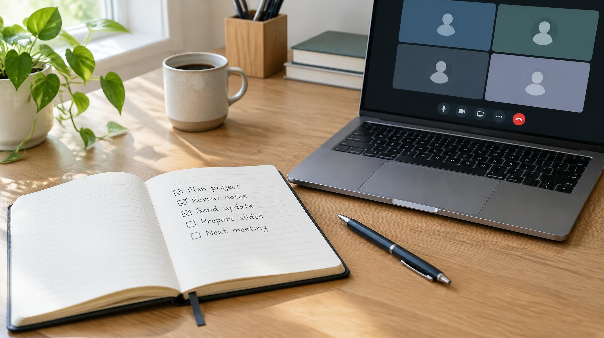 Notebook with checklist next to a laptop with a video call