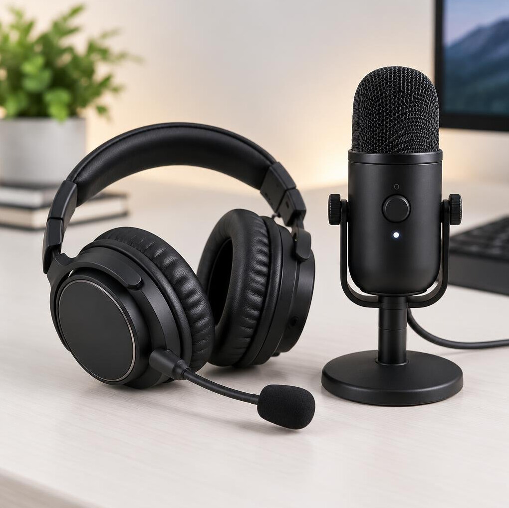 Headset and desk microphone on a clean desk