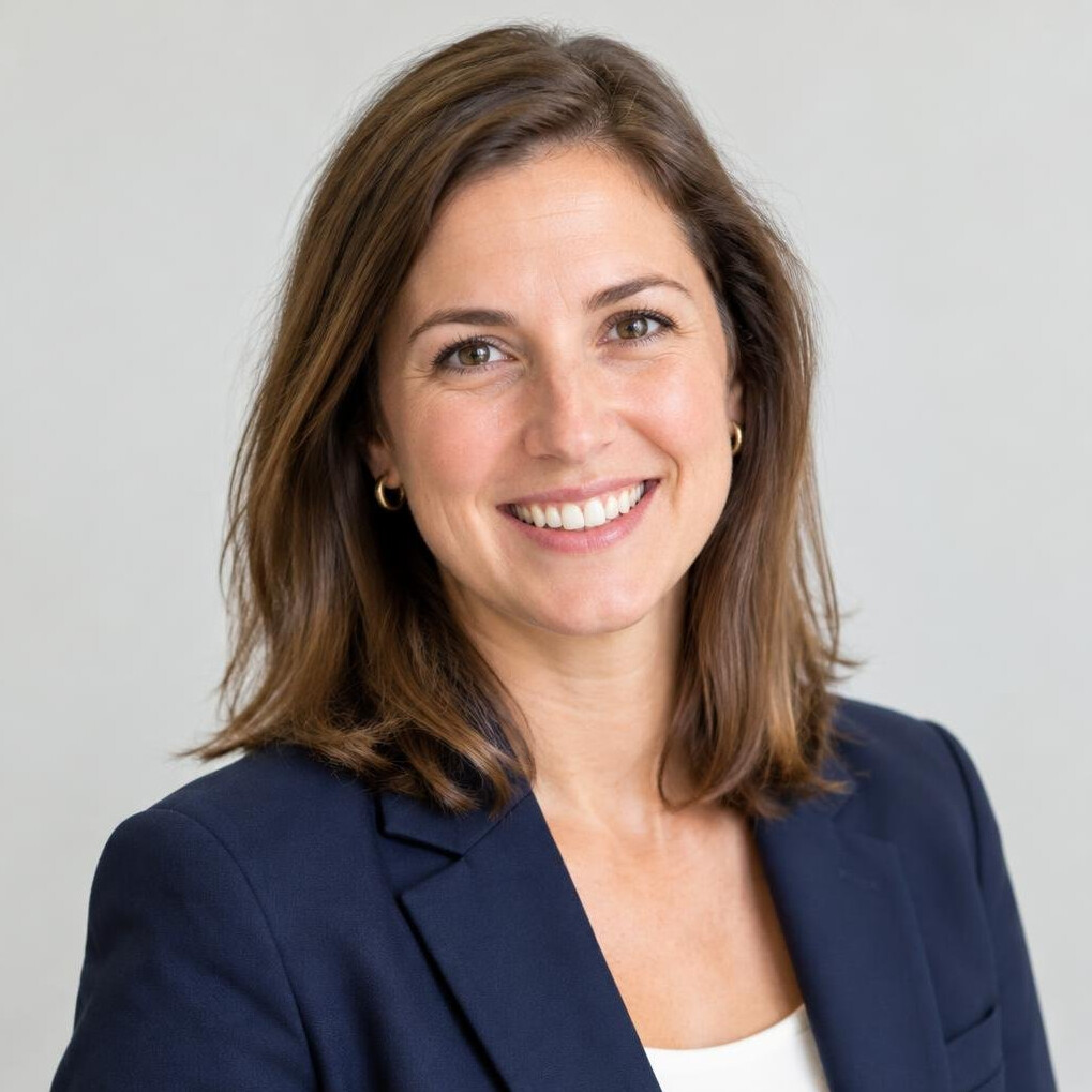 Portrait of a smiling woman trainer in her thirties with shoulder-length brown hair