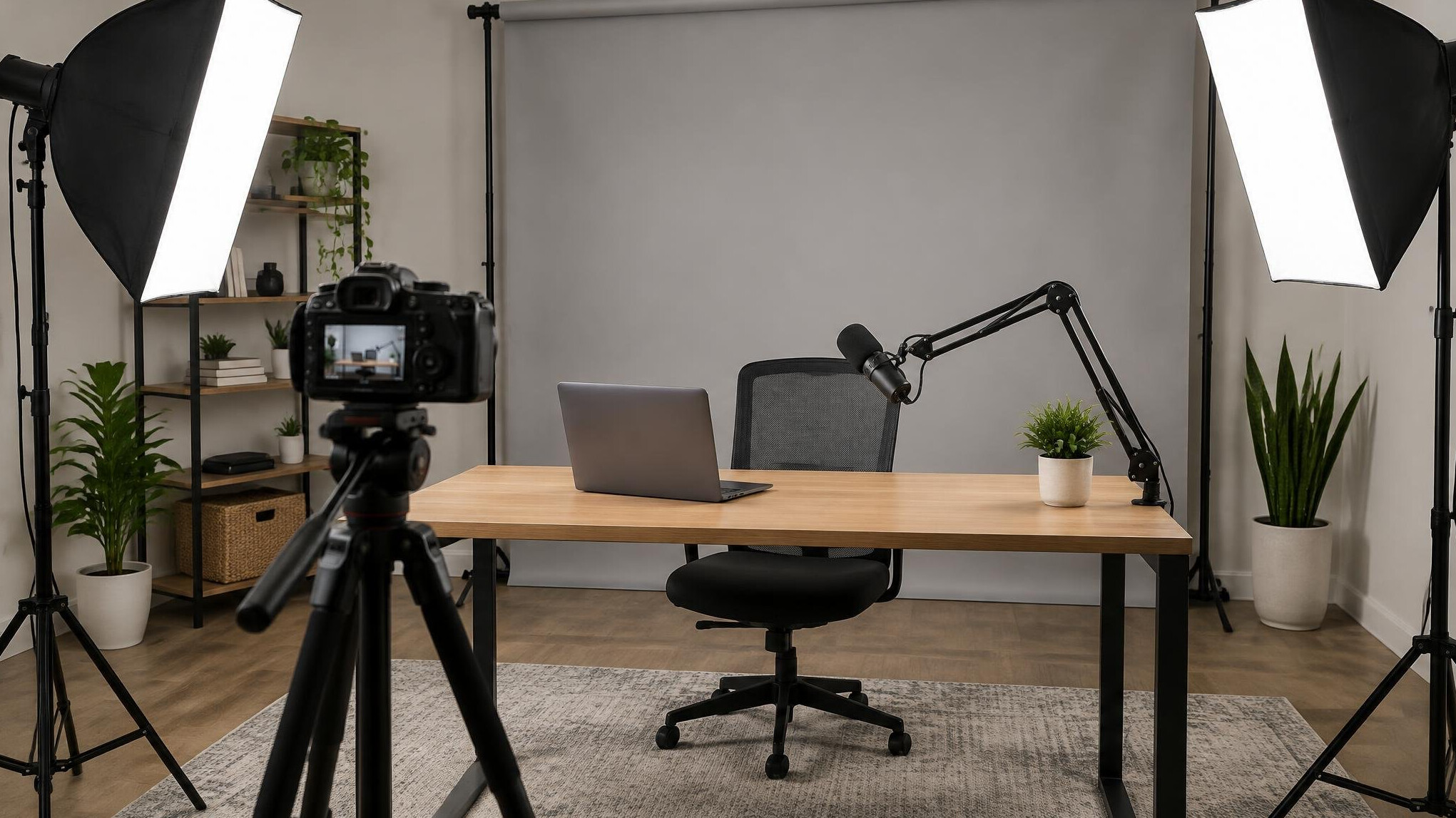 Small webinar studio with camera on tripod and softbox lights