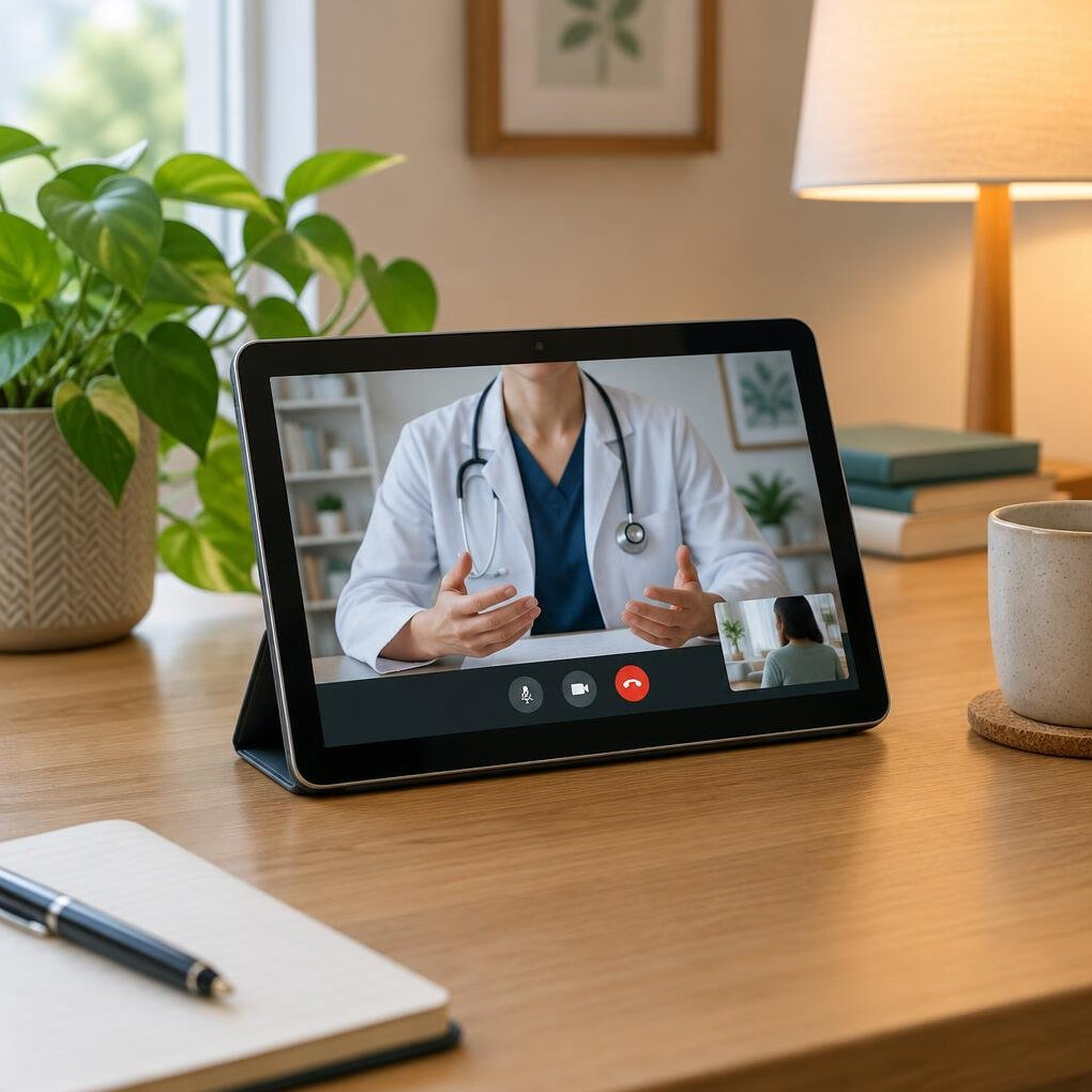 Tablet on a stand showing a video consultation at a home desk