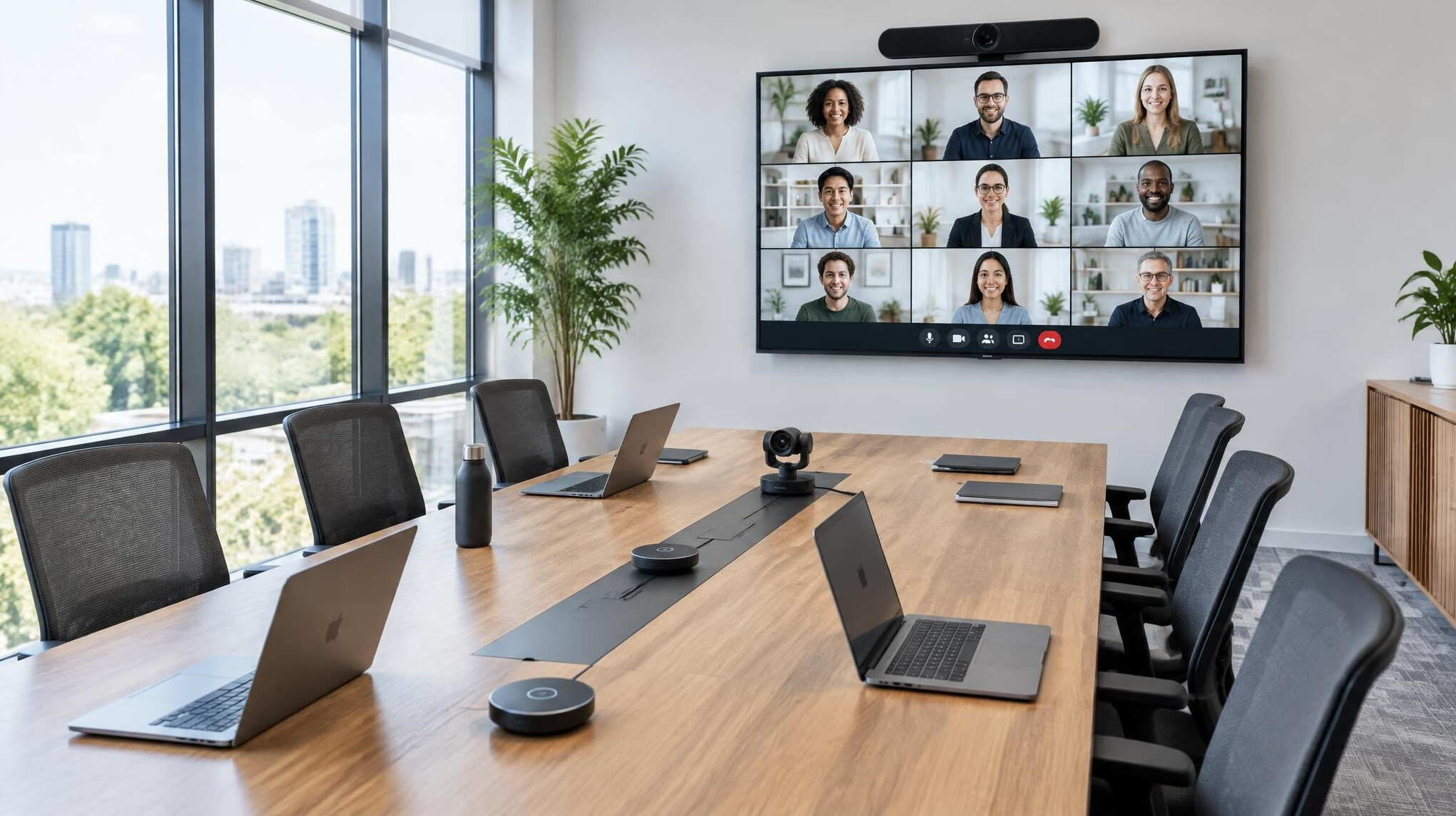 Modern training room with a large wall screen showing a video conference