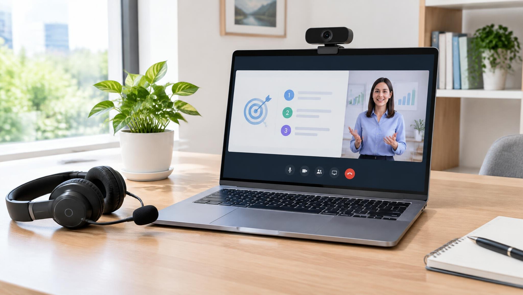 Desk with webcam, headset and laptop prepared for a video training session